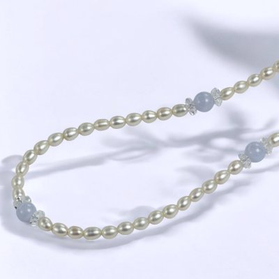 画像1: ブルーレース×淡水ハ?ールネックレス ロング