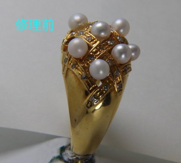 画像4: 18金メレダイヤ入りのベビーパールリングのベビーパールが2個石合わせおよび石留め (4)