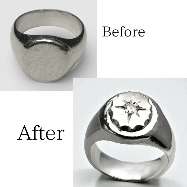 画像1: 【リフォーム例】Pt900印台リングをサイズ直し＆0.16ctダイヤ留め (1)